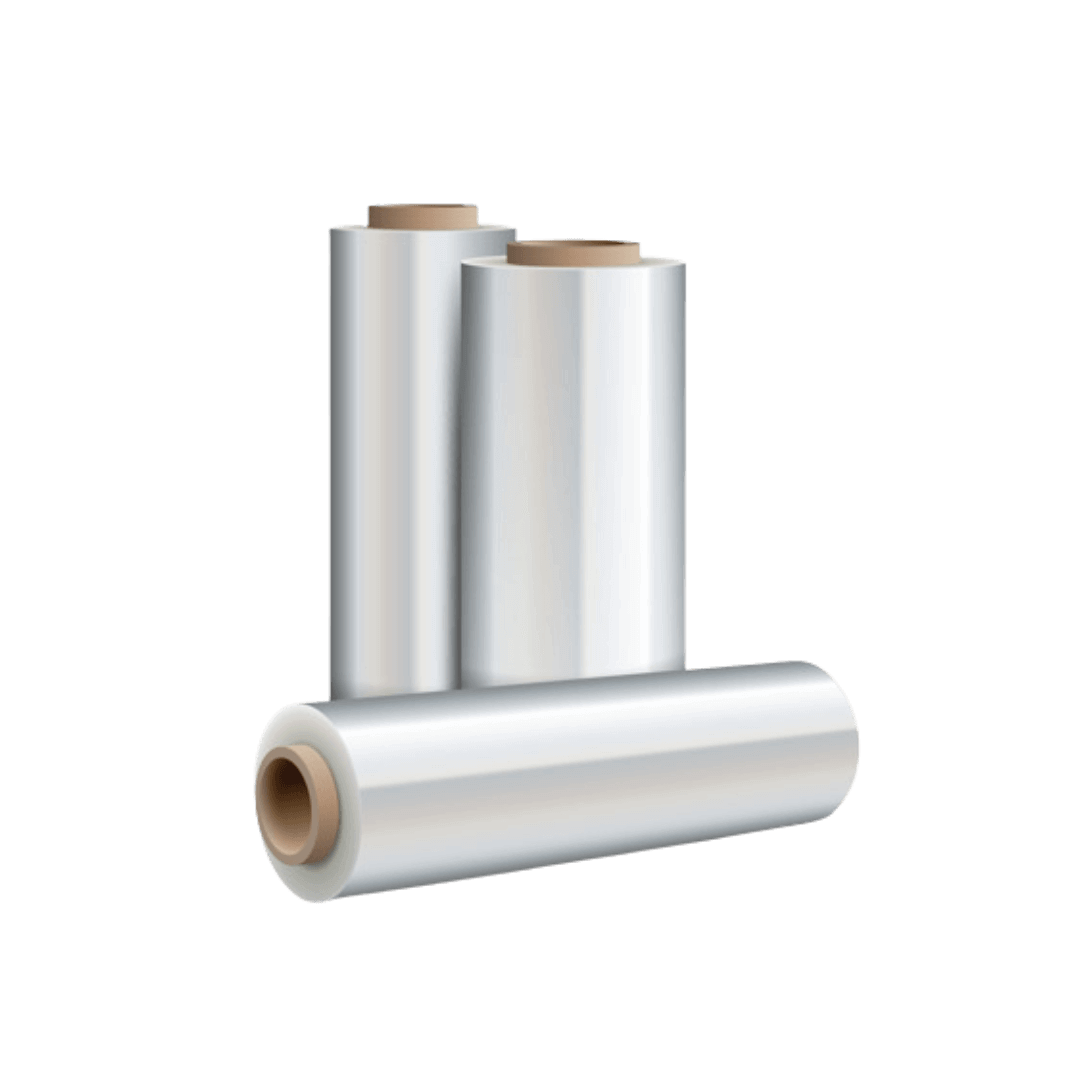 Three rolls of palletwrap/stretchfilm stacked next to one another